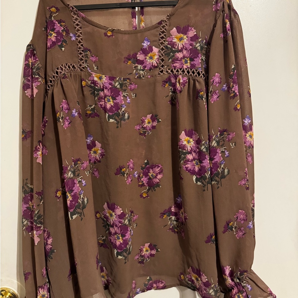 Torrid Brown and Purple sheer long Sleeve Blouse